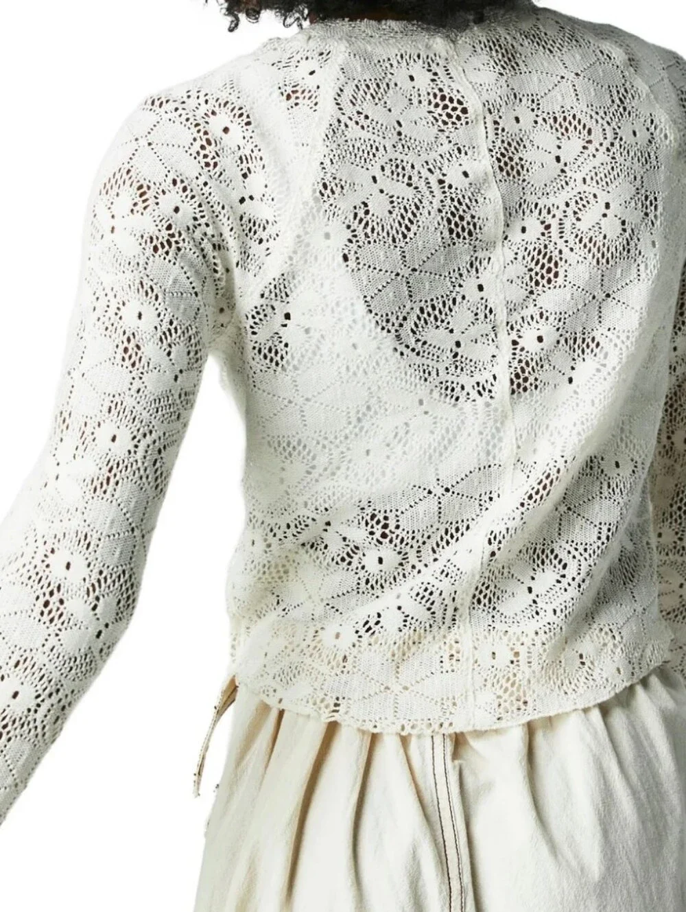 Free People In The Meadow Tee Ivory Crochet Lace XS Long-Sleeve Top